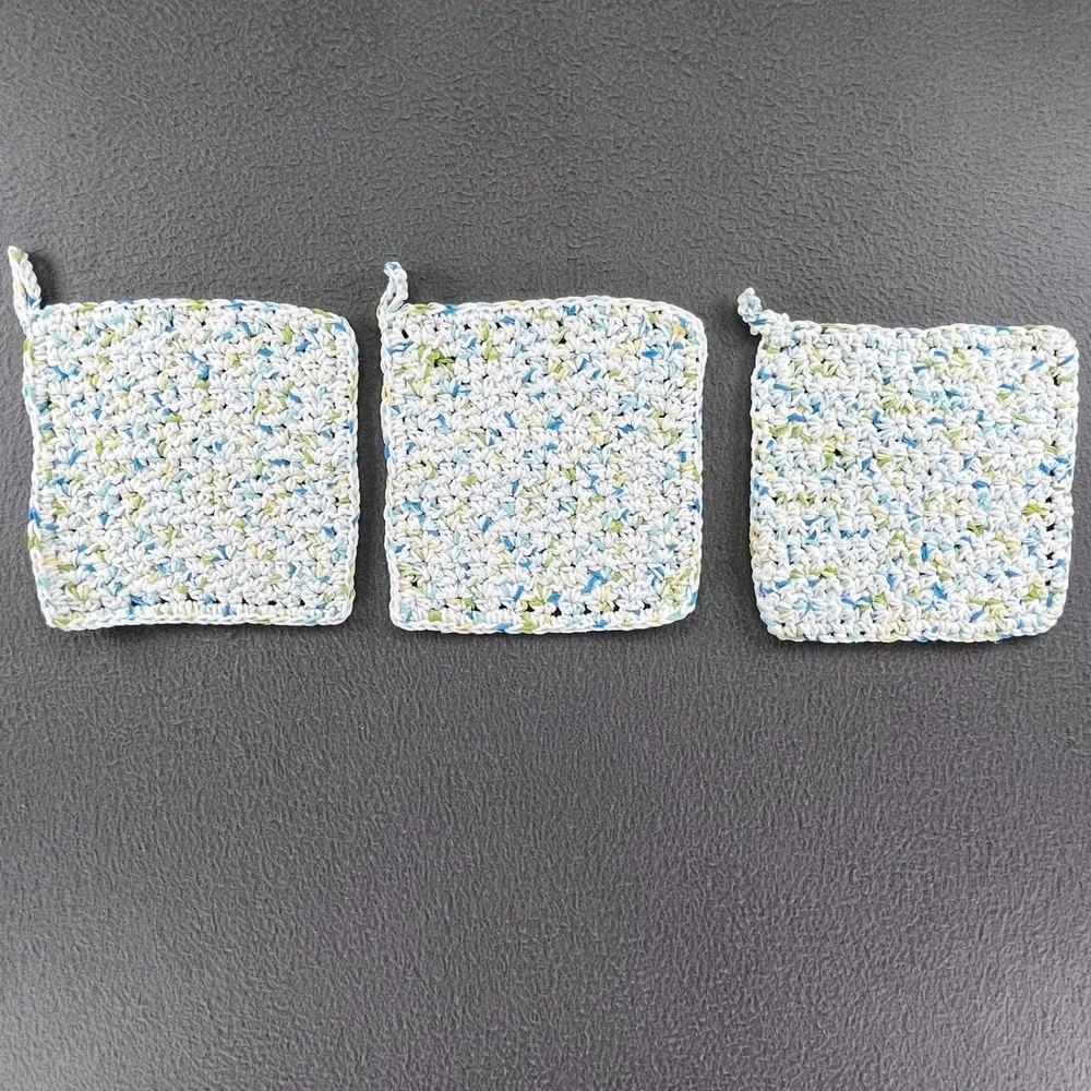 Handmade Crochet Potholders Set of 3 Multi Color Cotton Hot Pads 7x7 Cottagecore